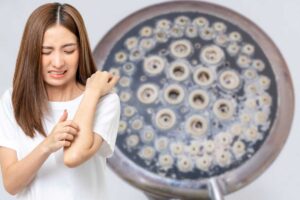 Donna si gratta doccia con calcare