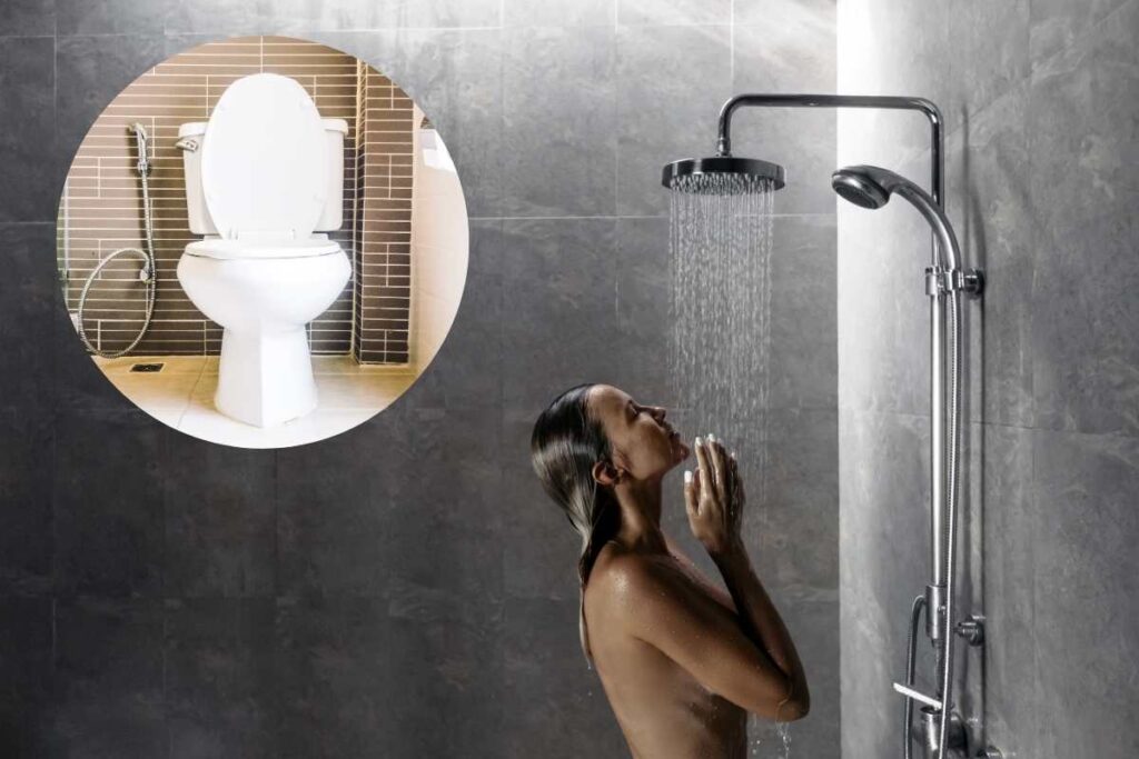 Donna sotto la doccia toilette